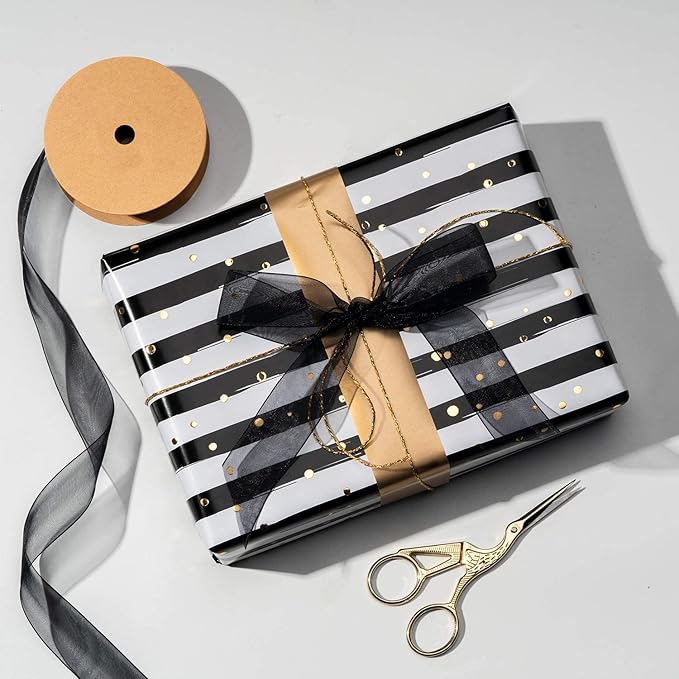 MAYPLUSS Gift Wrapping Paper Roll - 17In x 120In Per Roll - Luxury Black and Gold Stripe Anniversary Present Gift Wrap Paper for Men Birthday, Christmas, Wedding, Graduation, Father's Day and Party