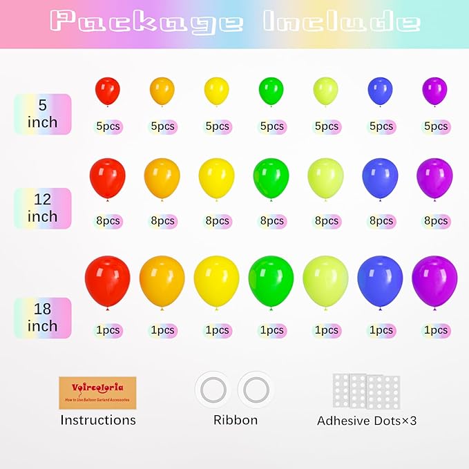 98pack Rainbow Balloons Different Size 18/12/10/5 Inch Rainbow Colorful Balloon Garland Arch Kit for Graduation, Wedding, Birthday, New Year, Anniversary Party Decorations