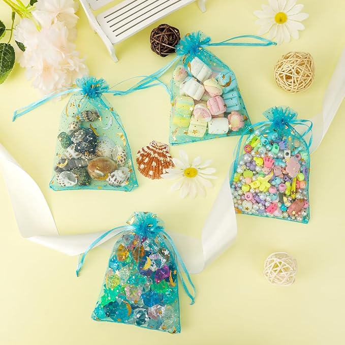 Moon Star Organza Bags 4x6 Small Mesh Bag Drawstring 50 Pcs Mesh Gift Bags Drawstring Pouch Wedding Favor Bags Jewelry Pouches Bulk Gift Pouch for Candy Soaps Birthday Festival Party Supplies, Blue