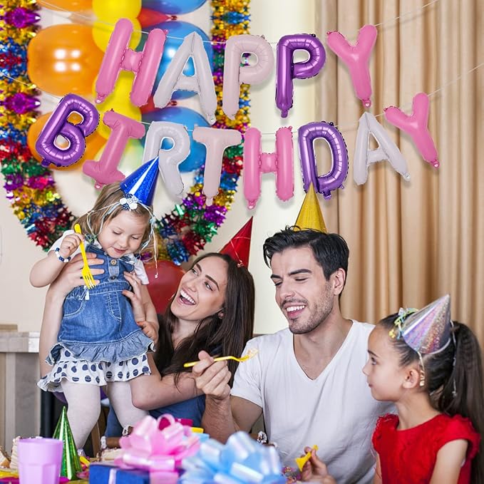 Accevo Pantone Happy Birthday Banner Purple Pink Happy Birthday Balloons 16 Inch Foil Letters Balloons Happy Birthday Sign for Kids, Child, Adults, Boys & Girls Birthday Decorations Birthday Banner