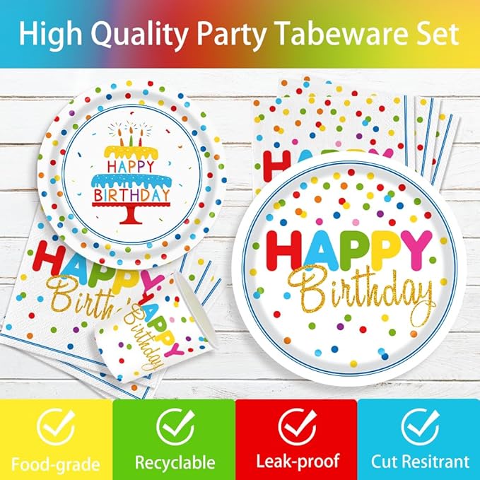 140pcs Happy Birthday Party Supplies Set with Colorful Polka Dots Design- Includes Disposable Paper Birthday Plates and Napkins, Cups,Dots Party Supplies Serves 20 Guests