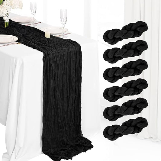 6 Pack Cheesecloth Table Runner 10Ft Boho Gauze Table Runner Cheese Cloth Long Rustic Sheer Table Runner for Wedding Bridal Baby Shower Birthday Party Cake Table Arbor Decorations (Black)