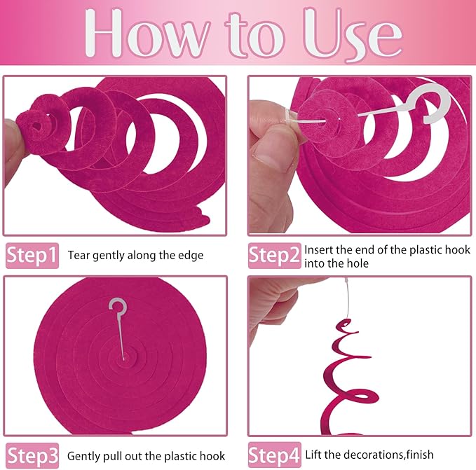 48 Pcs Pink Hanging Swirl Party Decorations Hot Pink Felt Ceiling Spiral Streamers with Hooks for Birthday Bachelorette Wedding Bridal Shower Engagement Party Swirl Decorations