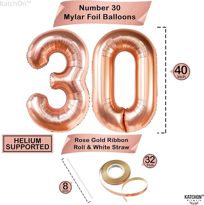 KatchOn, Rose Gold 30 Balloon Numbers - Huge, 40 Inch | Foil 30th Birthday Balloons | Number 30th Balloons For Her | Rose Gold 30th Birthday Decorations for Her | 30th Birthday Decorations for Women