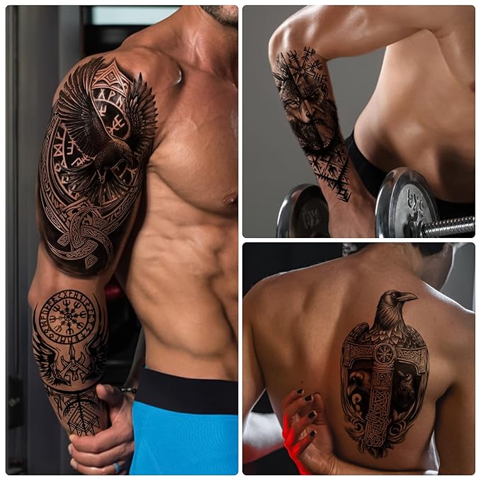 77 sheets Viking Temporary Tattoos Adult, Nordic Celtic Tattoos, Totem Tribal Fake Tattoo Stickers for Viking Costume, Nordic Norse Yggdrasil Valknut Fake Arm Tattoos for Women Men Kids