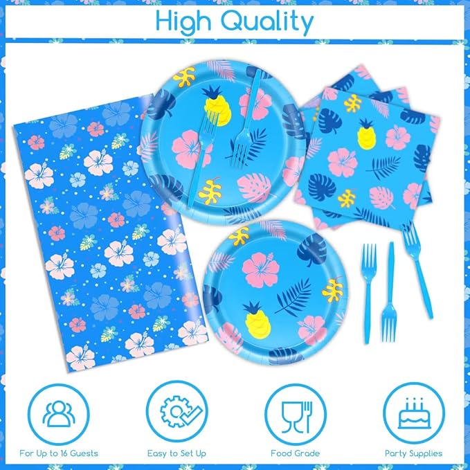 96 Pcs Hawaii Birthday Decorations Blue Hawaii Theme Party Decorations Set Serves 16 - Paper Plates and Napkins,Banners,Balloons,Tablecloths for Baby Shower,Boys Birthday Party Supplies