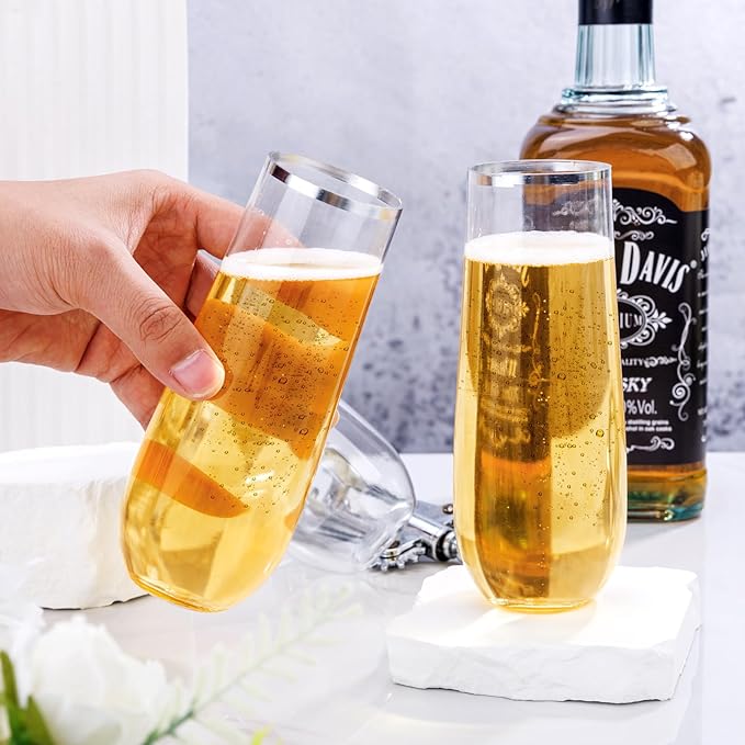 SUT 36 PCS Shatterproof Plastic Champagne Flutes, 9 Oz Clear Disposable Toasting Glasses with Silver Rim for Weddings, Parties, Mimosa & Cocktails(36 Pack)