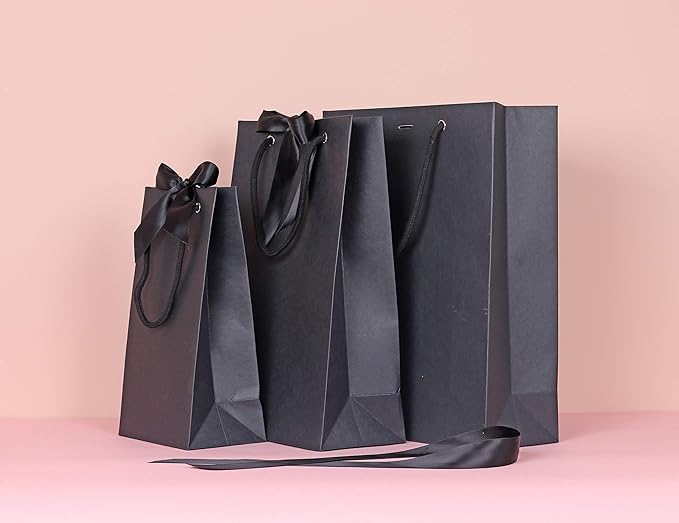 PAPERIST 10pcs Elegance Gift Bag with Satin Bows Ribbon, Sturdy Durable Thick Gift Bag, Black gift bag with Black handle and Ribbon, Gift bag for Wedding, Christmas, Birthday Party, Bridal Shower