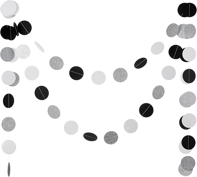Black White Silver Glitter Paper Garland Circle Dot Streamer Banner for Graduation Bridal Shower Wedding Birthday Party Decorations, 2.5" in Diameter, 20 Feet in Total