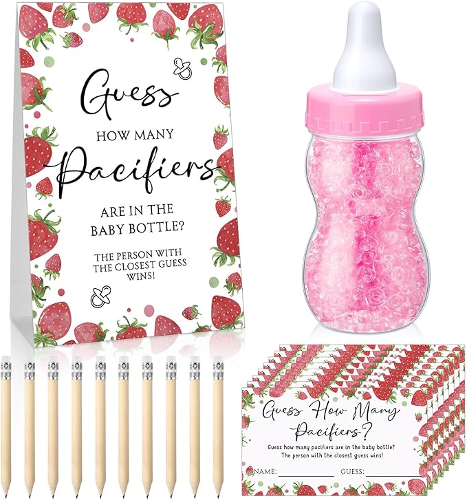 Roowest 512 Pcs Baby Shower Games Guess How Many Pacifiers Sign 100 Small Guessing Games 10 HB Pencils 750ml Milk Bottle 400 Acrylic Pacifiers Decoration for Guest Gender Reveal (Pink,Strawberry)