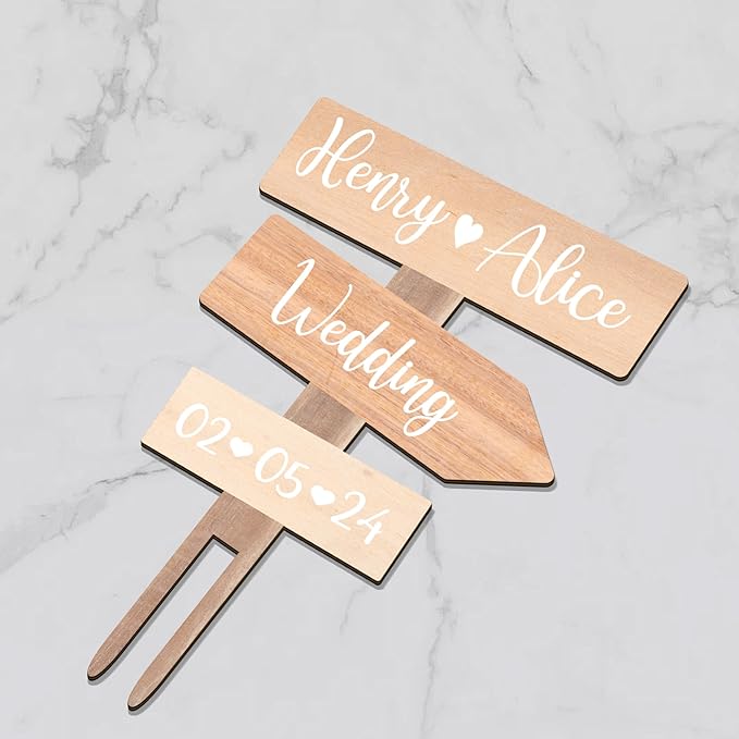 Personalized Rustic Wedding Cake Topper in Wood Custom Bride & Groom Names Initials Wedding Date Cake Decoration (Maple Texture)