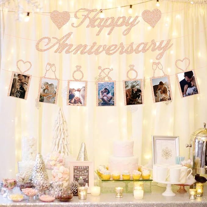 Rose Gold Happy Anniversary Party Decorations - Banner and Photo Banner for Wedding Party Decor