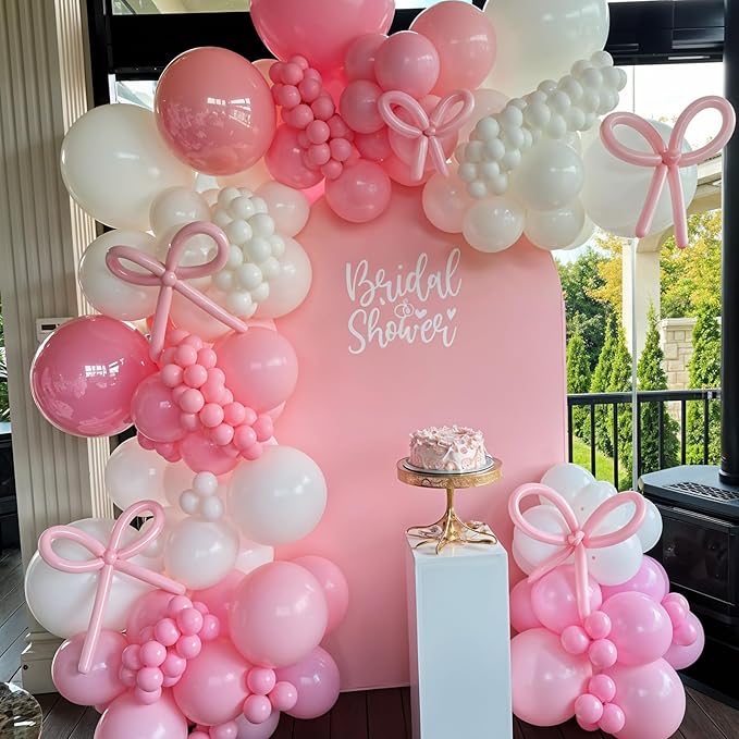 Pink Bow Balloon Arch Kit Pink and White Balloons Garland 91 Pcs Coquette Birthday Decor White Pastel Light Pink Bow Balloon for Girls Princess Bridal Baby Shower Birthday Party Decorations
