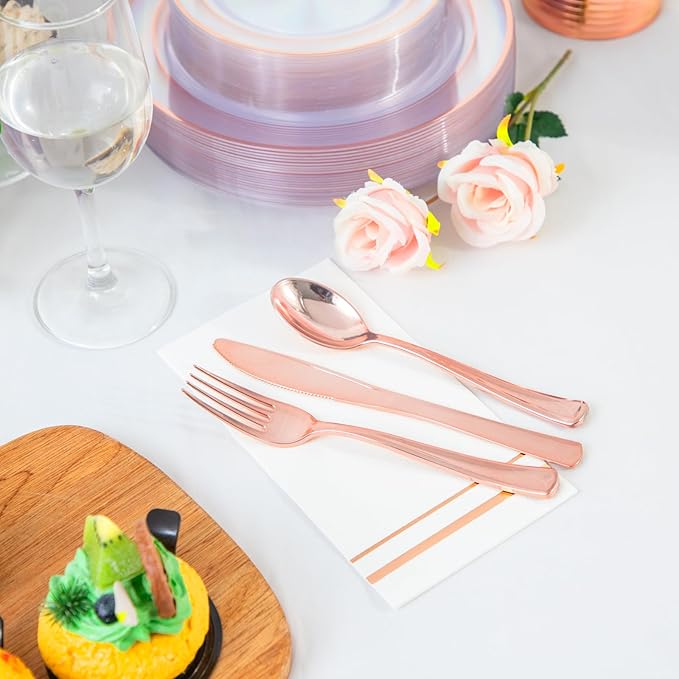 GATHER 350PCS Rose Gold Plastic Plates - Disposable Rose Gold Dinnerware Includes 100 Clear Rose Golds Rimmed Plastic Plates, 150 Silverware, 50 Napkins, 50 Cups for Party, Wedding