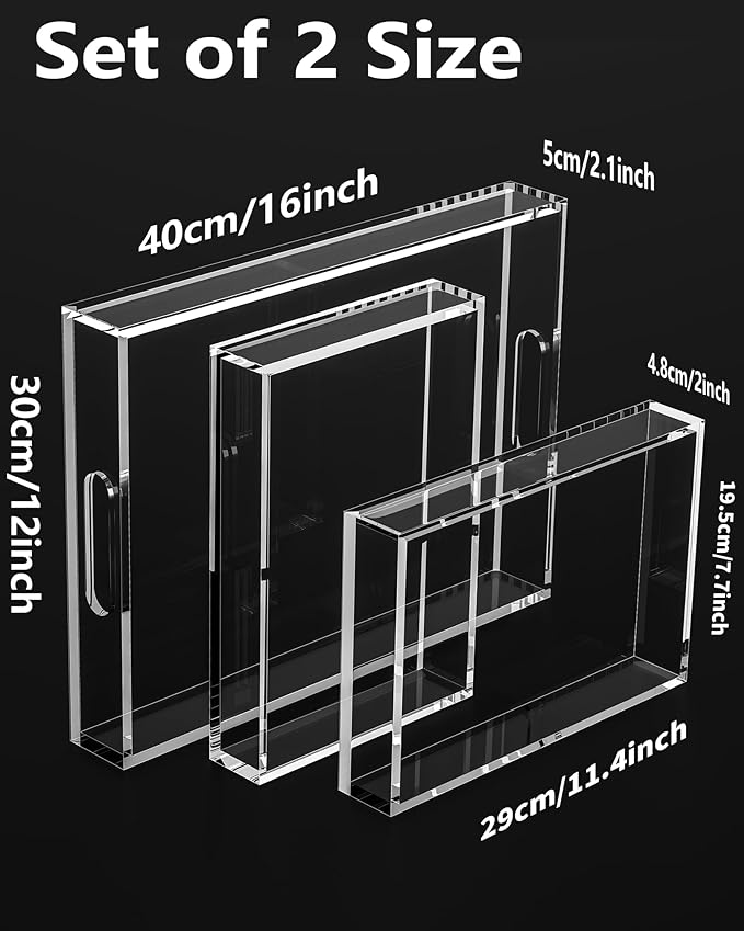 Acrylic Serving Tray Set of 3-16x12 & 7.7x11.4 Inch Clear Luxury Trays for Kitchen, Dining, Bathroom Organizer - Non-Slip, Scratch-Resistant, Spill-Proof Design - Ideal Gift for Housewarming, Parties