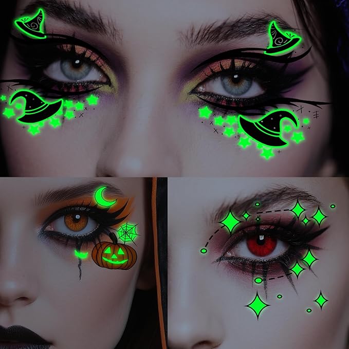 24 Pairs Halloween Luminous Eye Shadow Temporary Tattoos, Eyeliner Tattoo Stickers Spider Web Bat Pattern, Glow in the Dark Eyeliner Fake Tattoos for Women Men Eye Makeup Halloween Party Supplies
