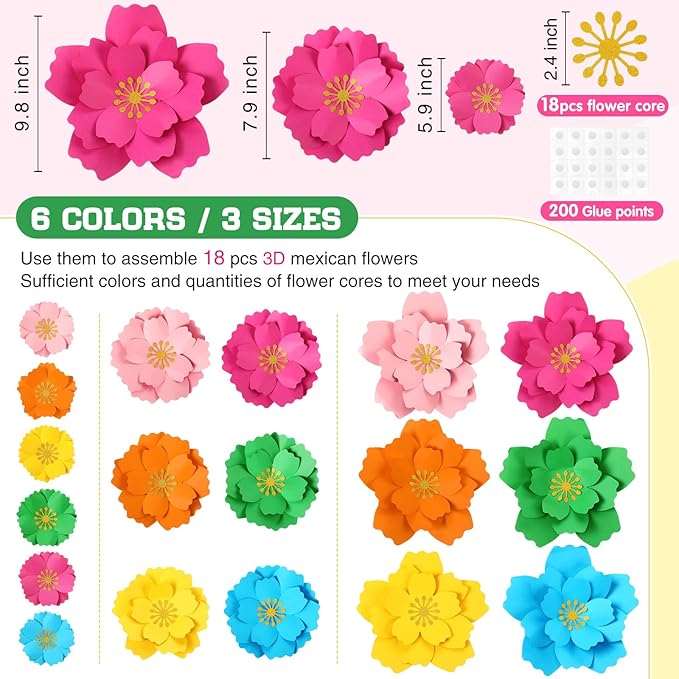 MotiMind 18 Pcs Mexican Paper Flowers Decor for Wall DIY Paper Fiesta Bulletin Board 3D Colorful Mexican Backdrop Decoration for Classroom Back to School Carnival and Holiday Party(Circular,Rainbow)