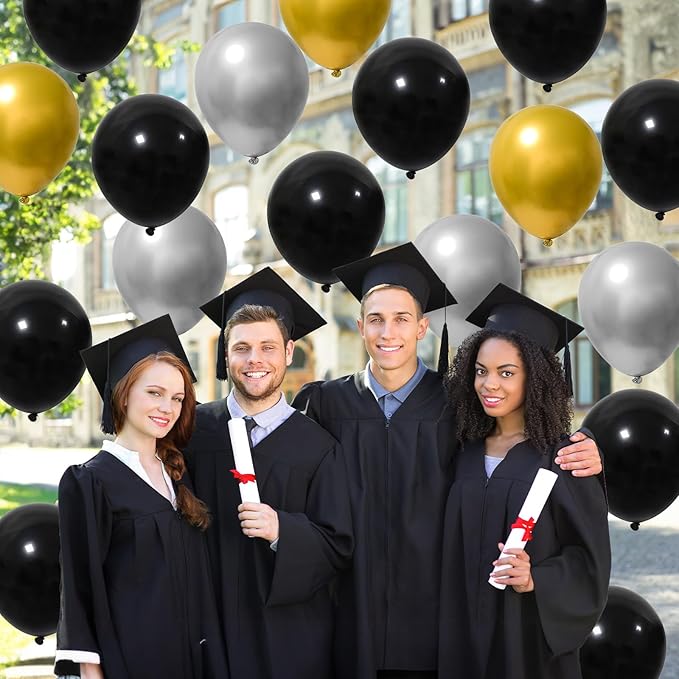 Black and Gold Balloons Set, 12 Inch Black Gold Silver Balloon New Year Eve Party Decoration Black Silver Latex Balloons for New Year Party Birthday Wedding Graduation Banquet Decoration