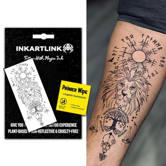 INKARTLINK Semi Permanent Tattoo, Large Male Arm Party Tattoo, Beautiful and Realistic Design, Fun Tattoo Experience, Cruelty-free, Non-reflective, Waterproof (Mystical Lion Symbol)