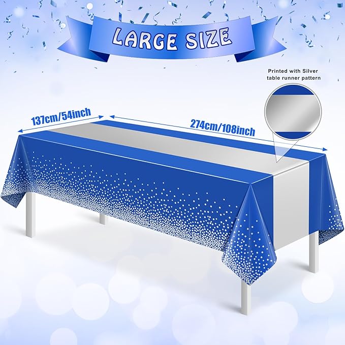 3Pcs Blue and Silver Tablecloth Party Decorations,Plastic Royal Blue Table Cloth Printed Silver Table Runner Disposable Rectangle Tables Cover for Anniversary Wedding Graduation 2025 Party,54x108 Inch