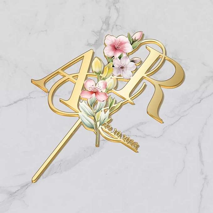Personalized Spring Wedding Cake Topper in Acrylic Custom Bride and Groom Initial Cake Topper Wedding Date Cake Decoration (Spring Flowers)