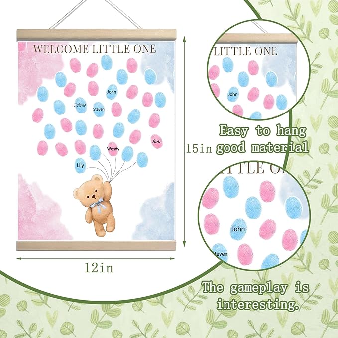 QZCYU Bear Theme Baby Gender Reveal Decorations, Baby Shower Guest Book Party Ideas, Gender Reveal Fingerprint Tree, Canvas Thumbprint Hanging Paintings