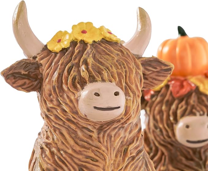 RM ROOMERS 2 PCS Highland Cow Figurines Fall Decor Thanksgiving – Resin Highland Cow Decorations for Home – Cute Cow Statues with Pumpkin & Flowers, Farmhouse Kitchen Autumn Table or Shelf Decor