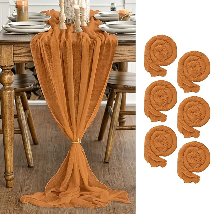 Artoid Mode Boho Orange Gauze 6 Pieces Wedding Table Runner, 120 Inch Birthday Fabric Kitchen Dining Holiday Table Decor for Home Party Indoor