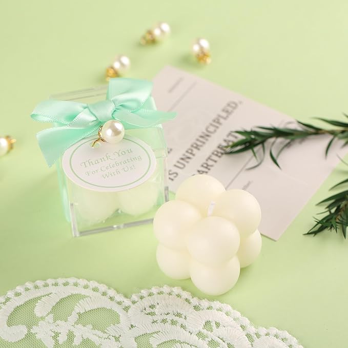 20 Pcs Small Bubble Candles Elegant Party Favors Bulk Set with Decorative Ribbons Thank You Cards for Bridal Shower Guest Gifts (20, Green)