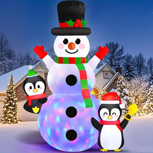 Danxilu 6FT Christmas Inflatable Snowman with Penguins Built-in Rotating Colorful LED Lights Outdoor Decorations- Blow Up Snowman and 2 Penguins Decor for Yard Garden Lawn Porch Xmas Holiday Party