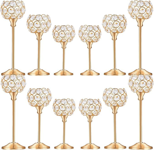 Crystal Candle Holders Set of 16 for Wedding Centerpieces Gold Or Silver Candle Holders Bulk Decorative Tealight Candle Holder for Wedding, Party,Table Centerpieces Decoration (Golden, 4Sets(12 Pcs))