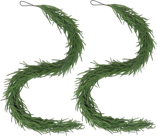 2pcs Christmas Norfolk Pine Garland, Real Touch Artificial Greenery Garland for Holiday Mantle Table Wall Fireplace Windows Indoor Outdoor Home Decorations(2, 6FT)
