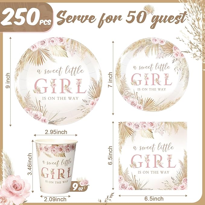 250 Pcs Boho Baby Shower Decorations for Girls Pink Floral Baby Shower Plates Napkins and Cups a Sweet Little Girl Is on the Way Pink Flower Spring Birthday Party Supplies, Serve 50 Guests