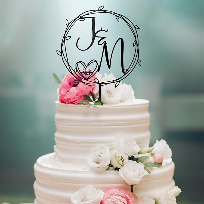 Personalized Initials Wedding Cake Topper in Acrylic Custom Wedding Anniversary Date Cake Topper Cake Decoration (Design 06)