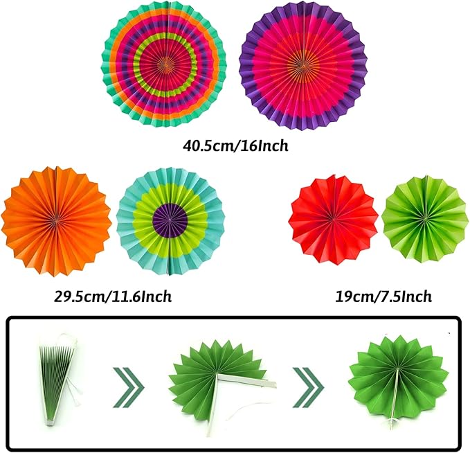 ZERODECO Fiesta Paper Fan Party Decorations Set, Multicolor Cinco De Mayo Pom Poms Pennant Garland String Banner Fringe Curtains Mexican Coco Carnivals Festivals Party Supplies