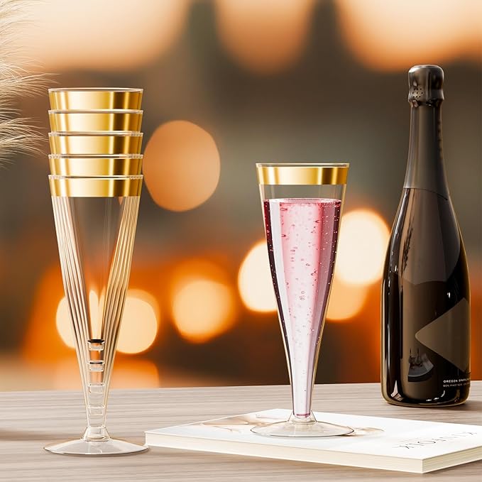 40 Pack Plastic Champagne Flutes Gold Rim Disposable Champagne Glasses, 4.5 Oz Mimosa Glasses Bulk Cocktail Toasting Cups for Party Supplies Wedding Bride Bar, Copas De Plastico Para Brindis