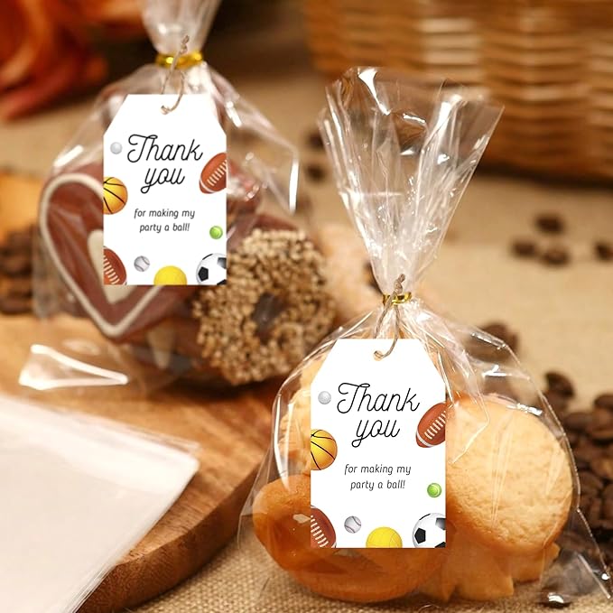 G2PLUS 50PCS Sports Thank You Tags, Thank You Gift Tags with String, Thank You for Making My Party A Ball Tag, Basketball Football Label Hangtags for Birthday, Baby Shower Party Favors