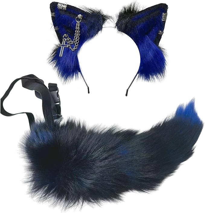Wolf Ears Tail Set Fox Wolf Headbands Clips Fluffy Cosplay Costumes, Gothic Punk Accessories for Halloween