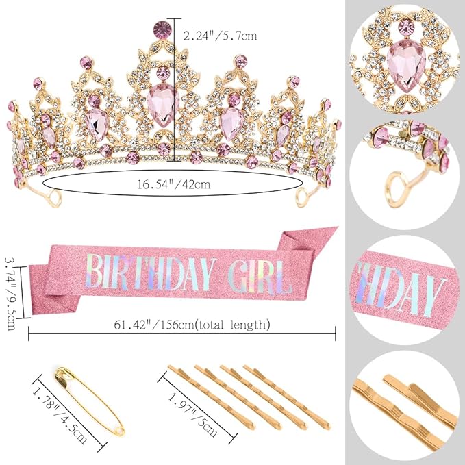 Birthday Crown and Sash Set - Princess Tiara Headband in Pink and Gold for Birthday Girl Party