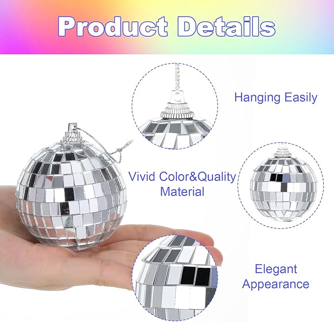 50 Pcs Disco Ball Ornaments, 1.18, 1.57, 1.97, 2.36 Inch Disco Ball Party Decorations Party Mirror Balls with String Hanging Discos Balls for Returning to 70s 80s 90s, Rock and Hip Hop Themed Parties