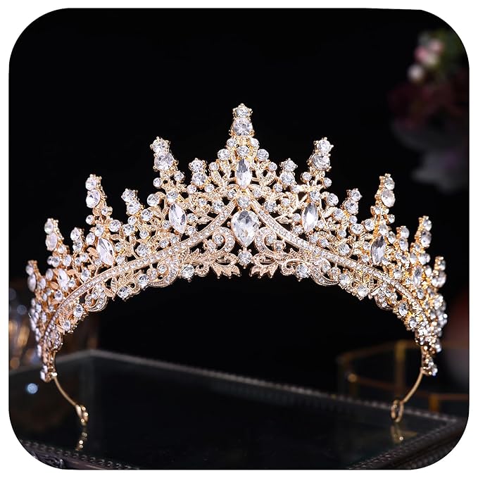 Crystal Princess Queen Tiara - Birthday Rhinestone Crowns Headband for Women Wedding Halloween Prom Pageant Party Coming of Age Ceremony Photo Props （HG828-Gold White）