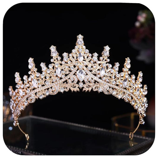 Crystal Princess Queen Tiara - Birthday Rhinestone Crowns Headband for Women Wedding Halloween Prom Pageant Party Coming of Age Ceremony Photo Props （HG828-Gold White）