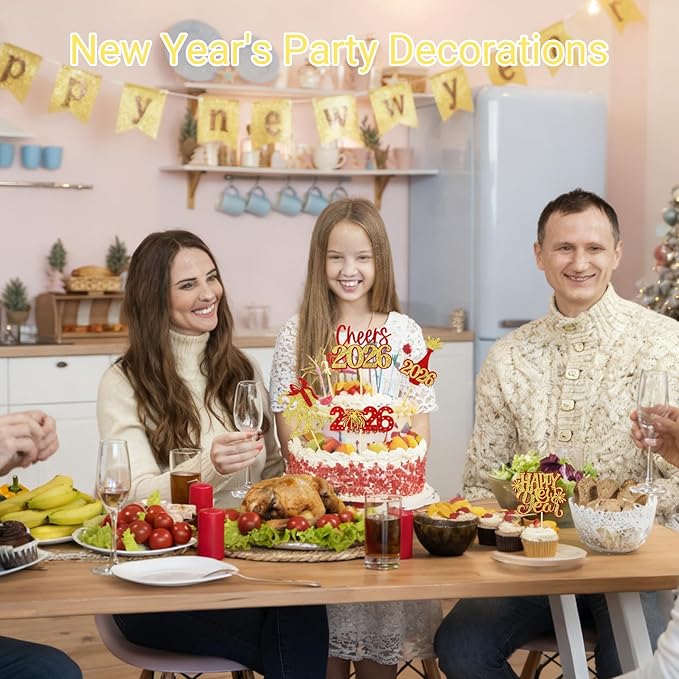 24 Pcs Happy New Year Cupcake Toppers Glitter 2026 Cupcake Picks Fireworks Hello 2026 Cake Decorations for Cheers to 2026 Happy New Year Party Supplies (Red & Gold)