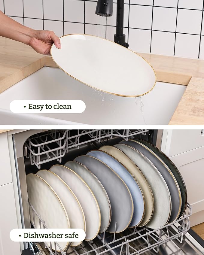 famiware Serving Platter, Oval 15.59/14.3/12.9inch Serving Dishes for Entertaining, Serving Bowls, Microwave Safe, Stoneware Serving Trays for Party, Food, Turkey, Cheese, Ocean Series, Vanilla White