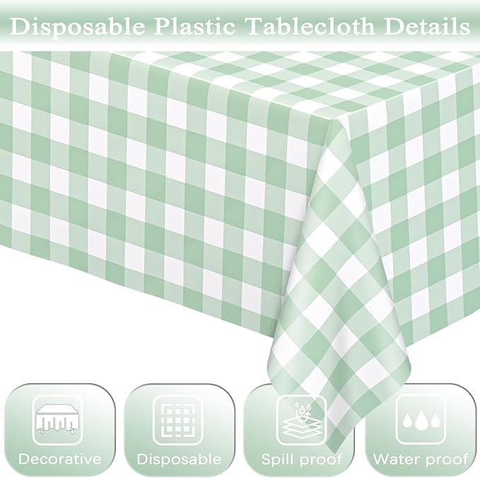 WNINK 4 Pack Sage Green Checkered Rectangular Plastic Tablecloths, Green Gingham Waterproof Disposable Table Covers 54" x 108" for Birthday, Baby Shower, Wedding, Outdoor Picnic Parties