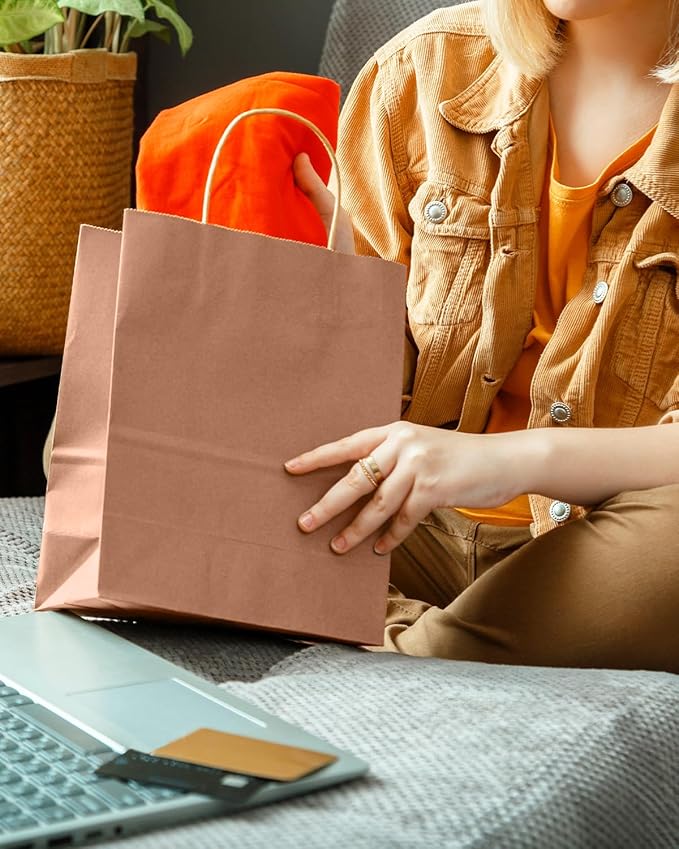 qiqee Apricot Gift Bag with Handles Bulk 24Pcs Paper Bags -10.6"x8.3"x4.3"Party Favor Bags - Solid Color