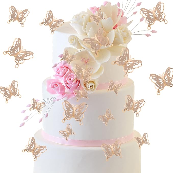 40 PCS Champagne Gold Lively 3D Butterfly Cupcake Toppers Mixed Size Hollow Art Butterfly Cupcake Topper Baby Shower Wedding Anniversary Birthday Party Cake Wall Decorations Supplies