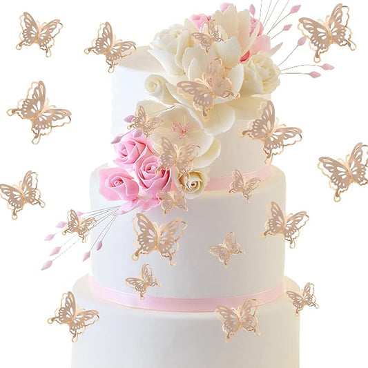 40 PCS Champagne Gold Lively 3D Butterfly Cupcake Toppers Mixed Size Hollow Art Butterfly Cupcake Topper Baby Shower Wedding Anniversary Birthday Party Cake Wall Decorations Supplies