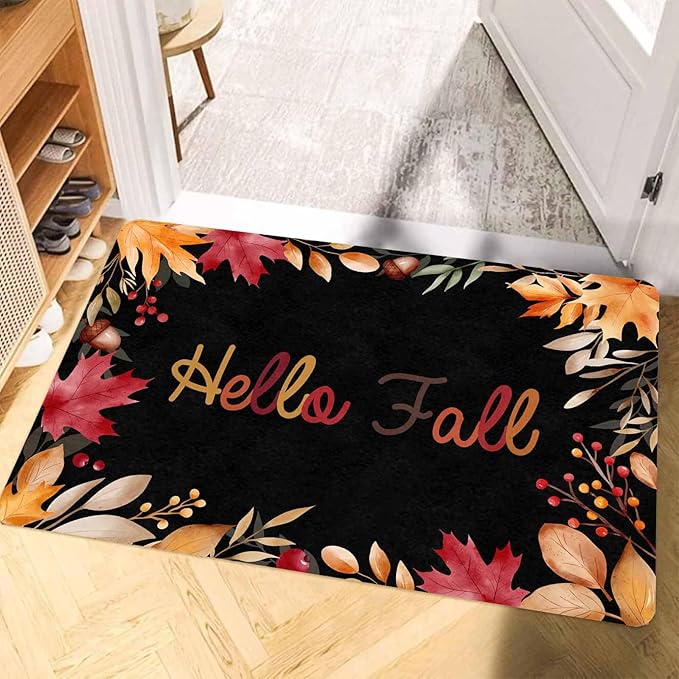 Thanksgiving Doormat for Indoor Outdoor Entrance Floor Mats,Fall Welcome Maple Leafs Decorative Door Mat, Autumn Fall Pumpkins Non Slip Harvest Vintage Decor Rubber Welcome Mats 16" x 24" Inch