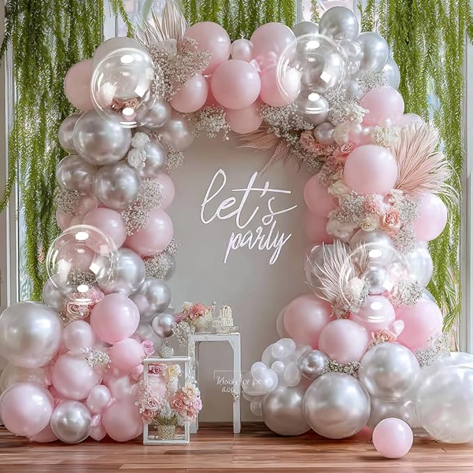 Pearl Silver Balloon Arch Double Stuffed Pearl Metallic Silver Balloon Garland Kit Different Sizes 12/10/5in With Clear Bobo Balloons for Birthday Wedding Bridal Baby Shower Graduation Party Decor